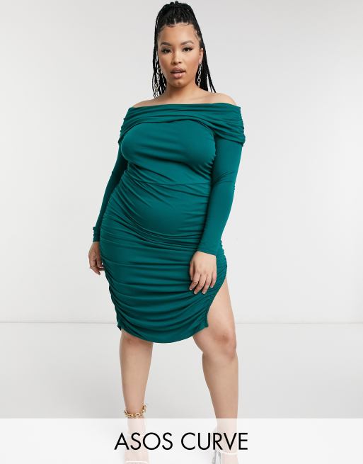 ASOS DESIGN Curve off the shoulder ruched sleeve midi dress in forest green