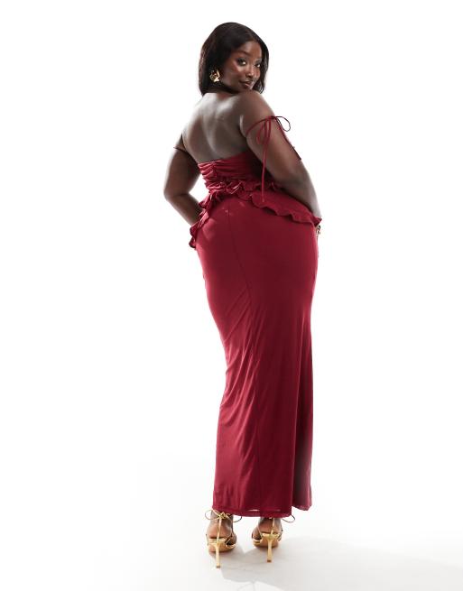 ASOS DESIGN Curve off the shoulder ruffle detail maxi dress in burgundy |  ASOS