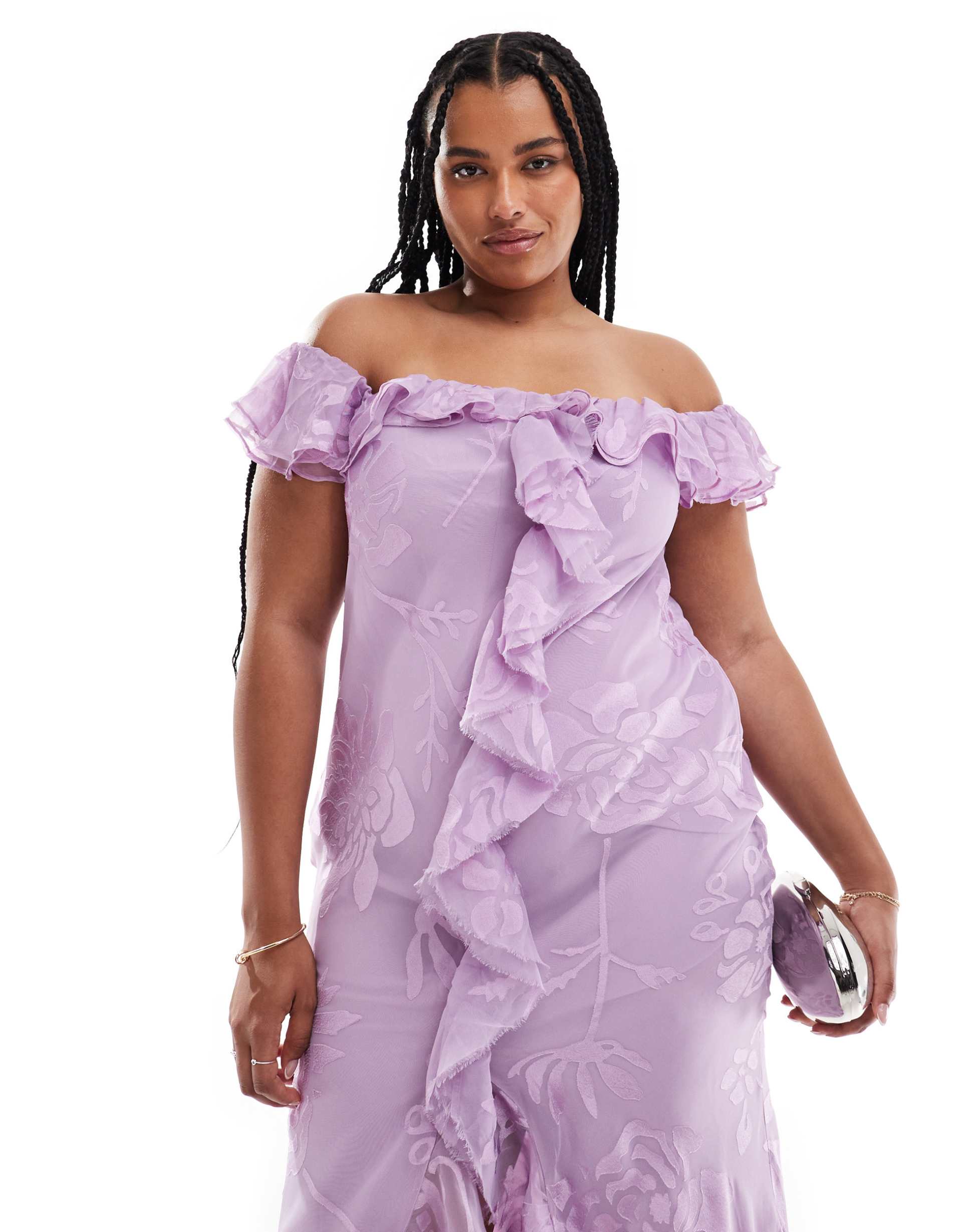 asos design curve off the shoulder ruffle front bias cut maxi dress in floral jacquard in lilac