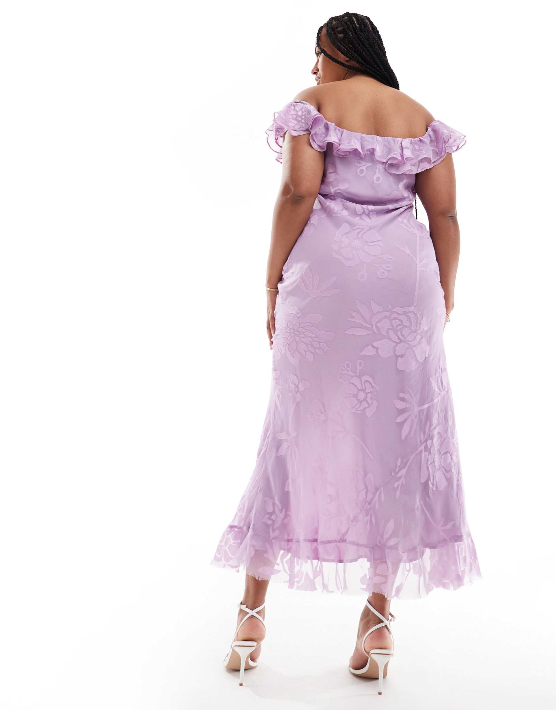 asos design curve off the shoulder ruffle front bias cut maxi dress in floral jacquard in lilac