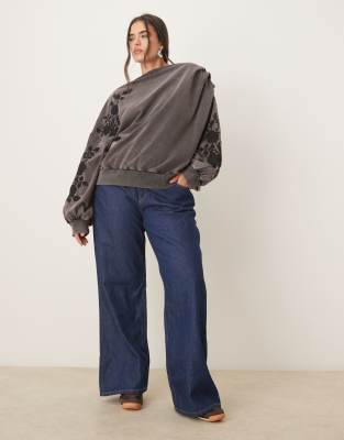 Asos Curve Asos Design Curve Off The Shoulder Sweatshirt With Embroidery In Black