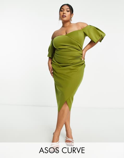 ASOS DESIGN Curve - Olivengrøn bardot-midikjole med hjerteformet hals og offshoulder-detalje - view 1