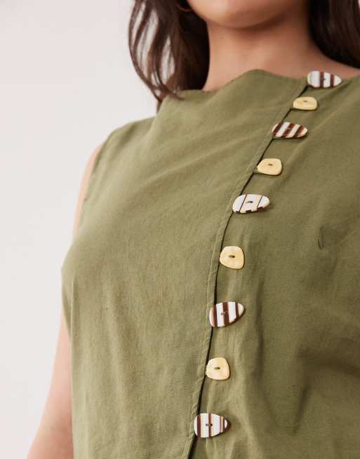 ASOS DESIGN Curve - Olivengrøn habitveste-maxikjole i hørlook med poplin-nederdel, 2 af 4