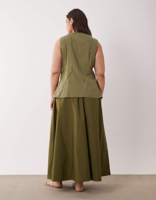 ASOS DESIGN Curve - Olivengrøn habitveste-maxikjole i hørlook med poplin-nederdel, 3 af 4