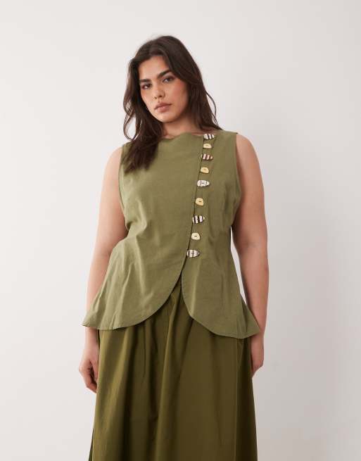 ASOS DESIGN Curve - Olivengrøn habitveste-maxikjole i hørlook med poplin-nederdel, 4 af 4