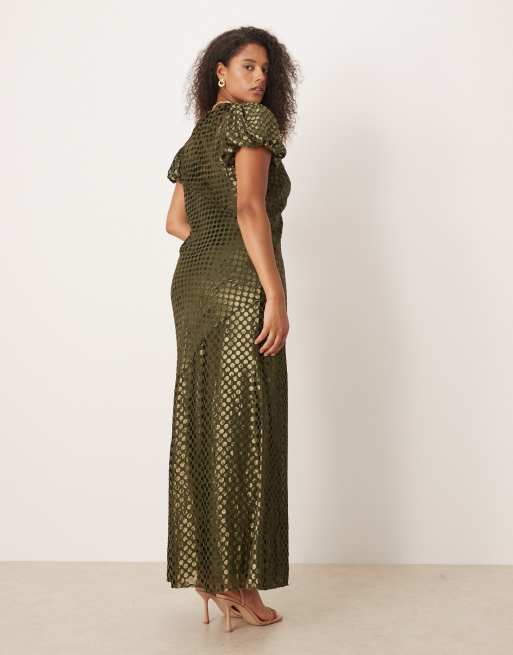 ASOS DESIGN Curve - Olivengrøn maxikjole med burnout-mønster i velour samt dyb rund hals, 3 af 4