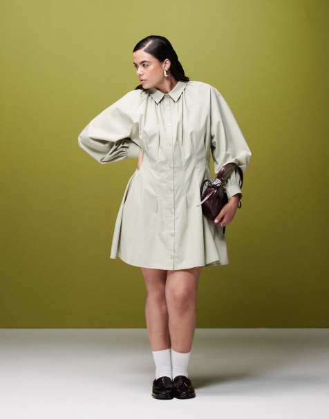 ASOS DESIGN Curve - Olivengrøn mini-skjortekjole med indsyet talje og pintucks - view 1
