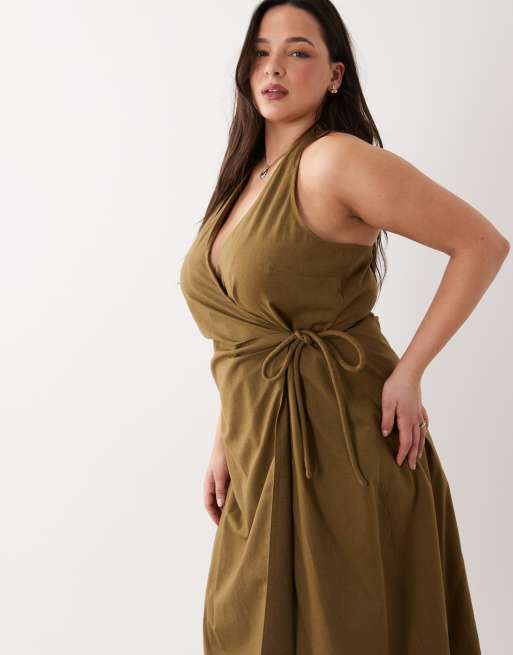 ASOS DESIGN Curve - Olivengrøn slå-om-maxikjole i bomuldshør med halterneck , 2 af 4