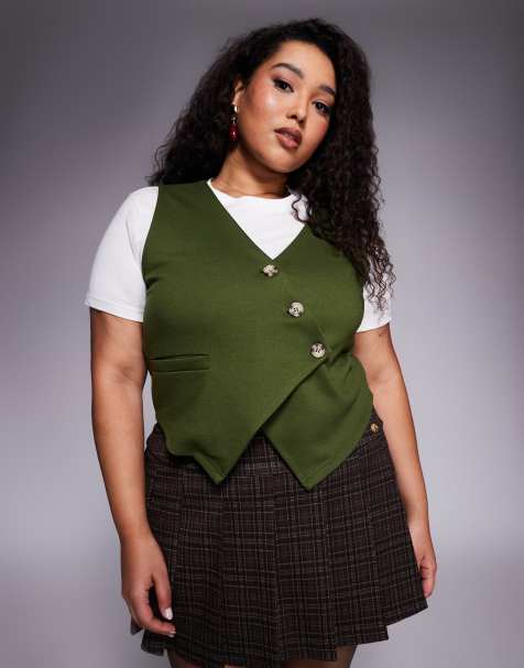 ASOS DESIGN Curve – Olivgrön, asymmetrisk kostymväst i jersey och twill - view 1