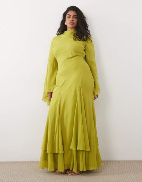ASOS DESIGN Curve – Olivgrön, långärmad maxiklänning med hög krage, klockad kjol, volang och utsvängda ärmar - view 1