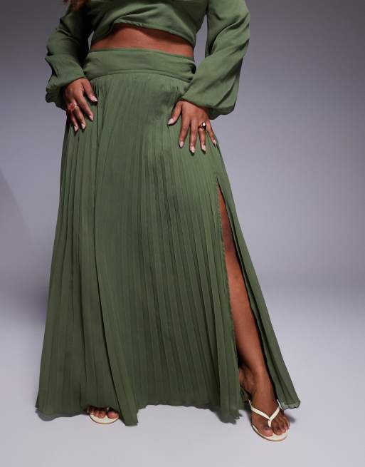 ASOS DESIGN Curve – Olivgrön maxikjol med sänkt midja och veck, del av set, 3 av 5