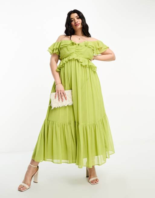 ASOS DESIGN Curve – Olivgrön midiklänning med utskurna detaljer, volanger och bara axlar, 4 av 4