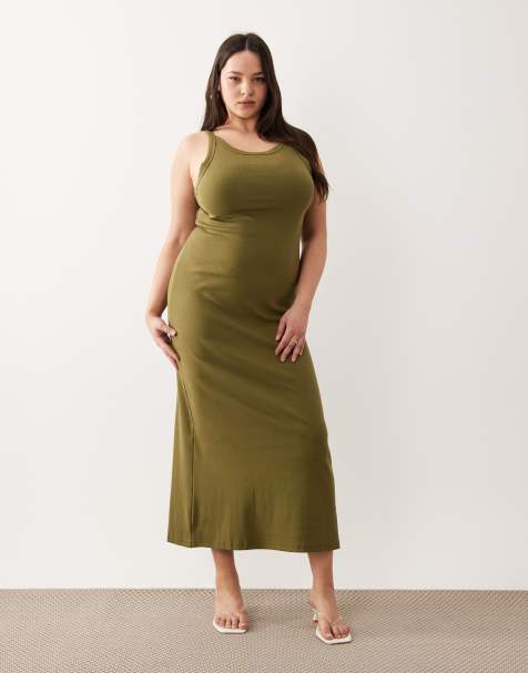 ASOS DESIGN Curve – Olivgrön, ribbad midiklänning med smala axelband - view 1