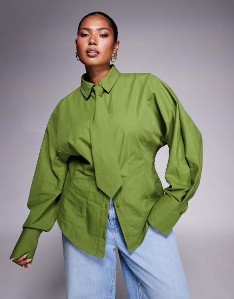 ASOS DESIGN Curve – Olivgrön skjorta med markerad midja och slips - view 1