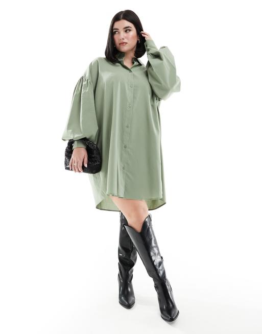 ASOS DESIGN Curve – Olivgrön skjortklänning i minilängd och boyfriend-modell med blusärmar