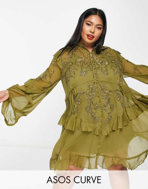 ASOS DESIGN Curve – Olivgrön, utsmyckad miniklänning i chiffong med stencilerat, pärlat blommönster