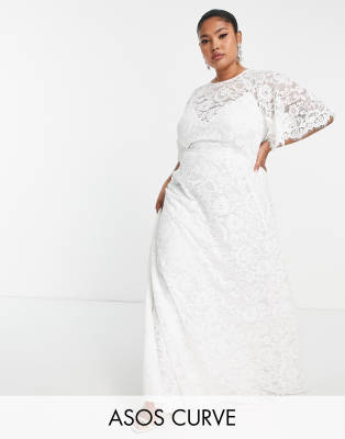 ASOS DESIGN Frankie beaded mesh plunge cap sleeve wedding dress in ivory