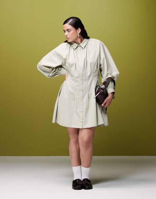 ASOS DESIGN Curve – Oliwkowozielona sukienka koszulowa mini z zaszewkami w talii