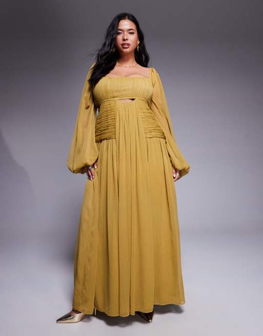 ASOS DESIGN Curve – Oliwkowozielona sukienka maxi z długimi rękawami, marszczoną spódnicą i wycięciem