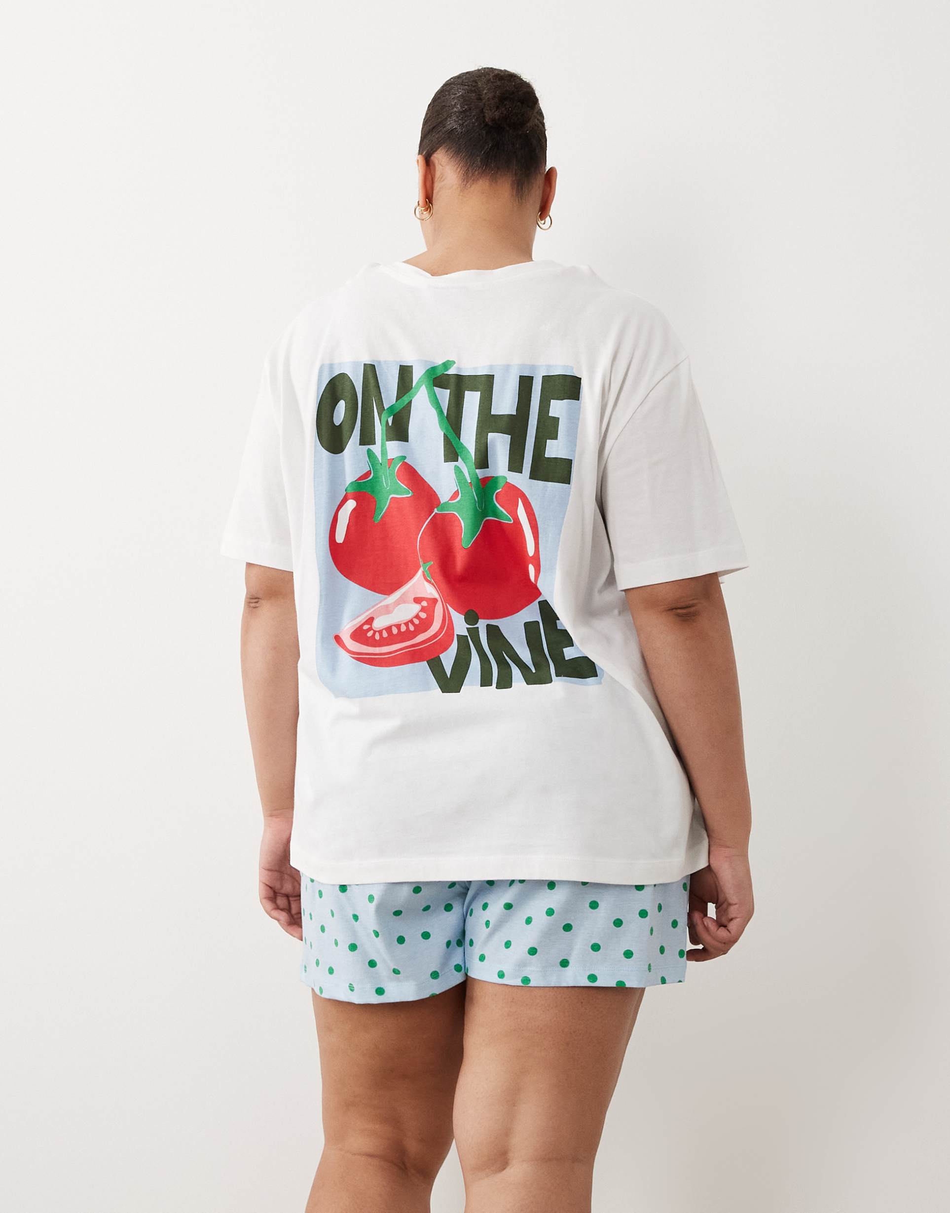 asos design curve on the vine tomato short sleeve tee and shorts sleepwear set in blue