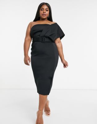 one shoulder belted midi dress