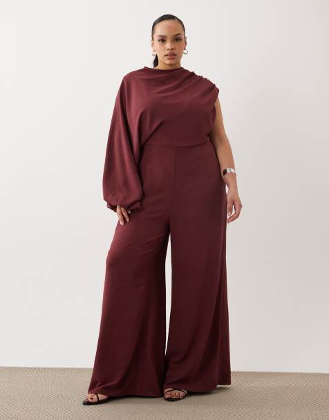 ASOS DESIGN Curve one shoulder blouson sleeve cut out jumpsuit in mulberry - view 1