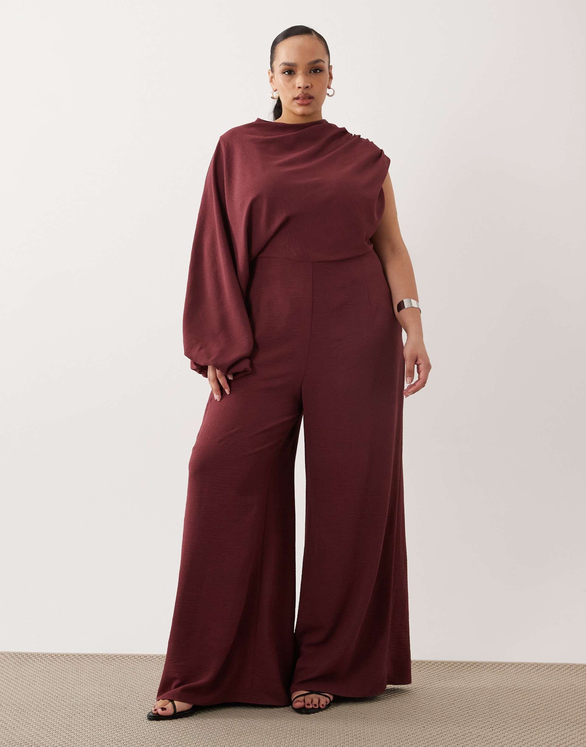 asos design curve one shoulder blouson sleeve cut out jumpsuit in mulberry