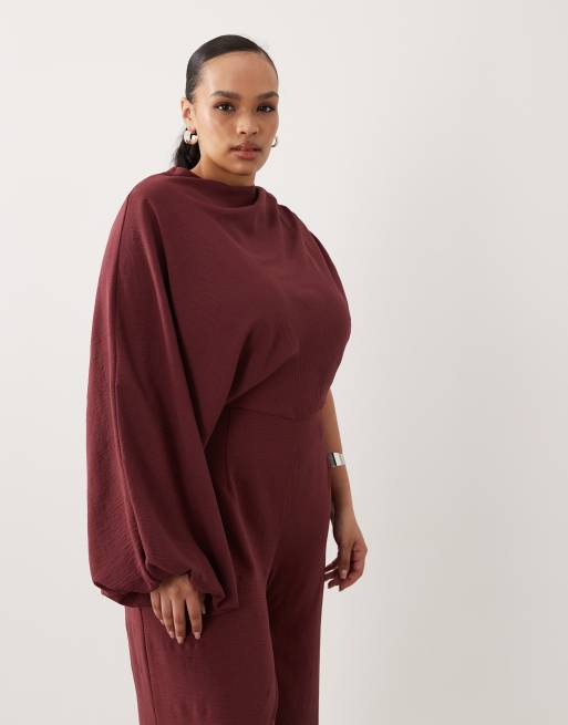 ASOS DESIGN Curve one shoulder blouson sleeve cut out jumpsuit in mulberry, 2 of 4