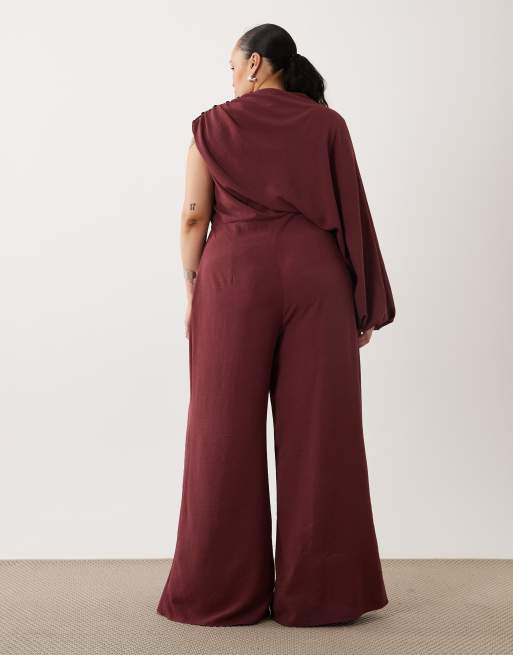 ASOS DESIGN Curve one shoulder blouson sleeve cut out jumpsuit in mulberry, 4 of 4