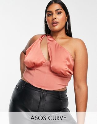 ASOS DESIGN Curve one shoulder cupped corset top in dusty rose