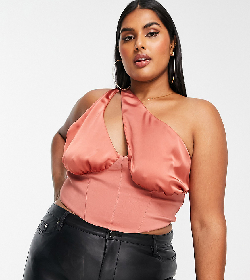 ASOS DESIGN Curve one shoulder cupped corset top in dusty rose-Brown