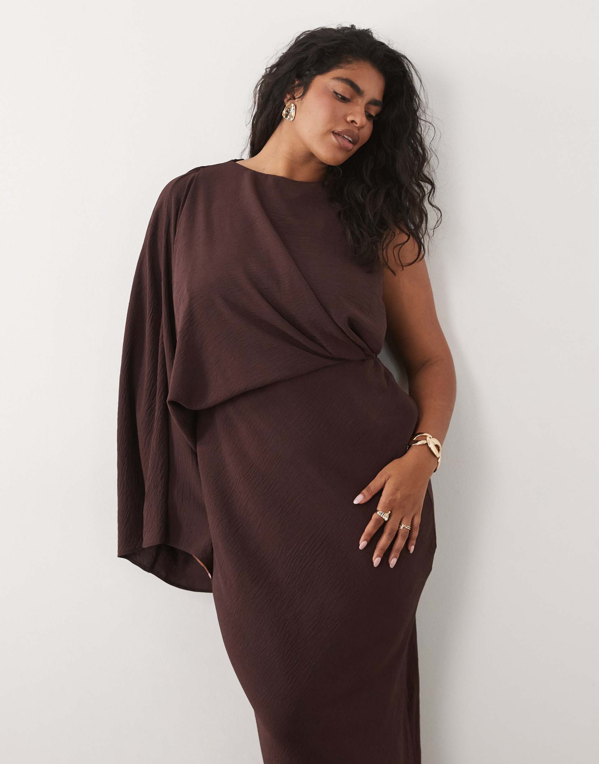 asos design curve one-shoulder drape back column maxi dress in fudge