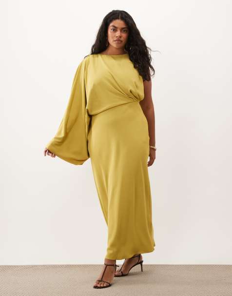ASOS DESIGN Curve one shoulder drape back column maxi dress in golden - view 1