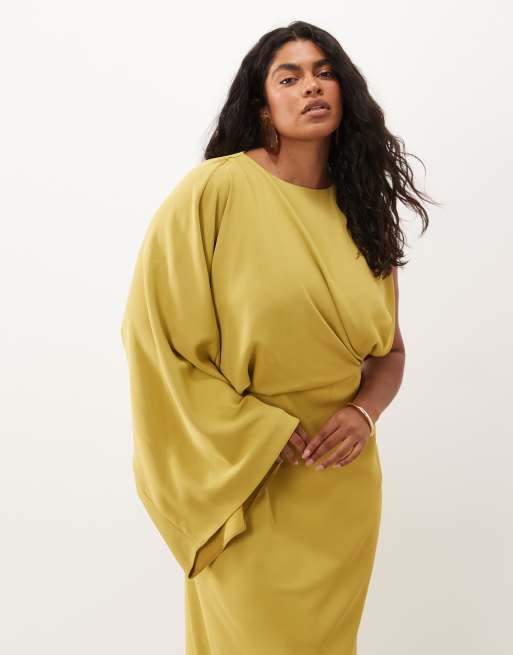 ASOS DESIGN Curve one shoulder drape back column maxi dress in golden, 4 of 4