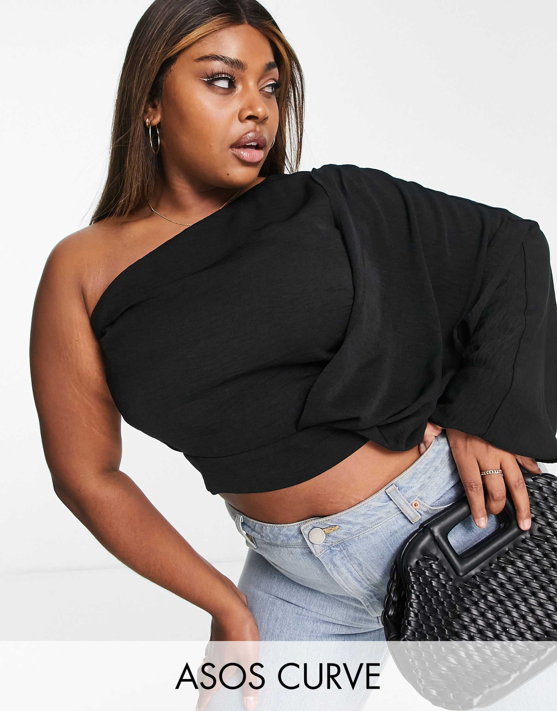 asos design curve one shoulder drape batwing top in black