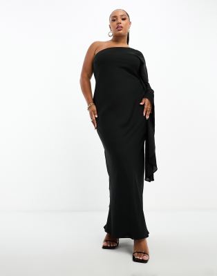 ASOS DESIGN Curve one shoulder exaggerated sleeve maxi dress in black ...