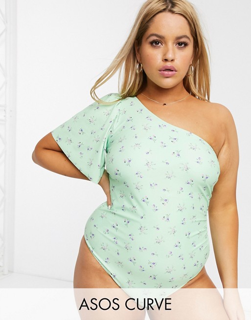 ASOS DESIGN curve one shoulder flutter sleeve swimsuit in apple green ditsy floral print