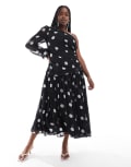[ASOS Curve] ASOS DESIGN Curve one shoulder long balloon sleeve maxi dress in mono spot print-Multi 28 Spot