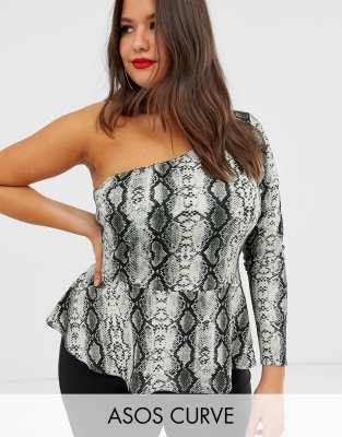 ASOS DESIGN Curve one shoulder peplum top in snake print-Multi