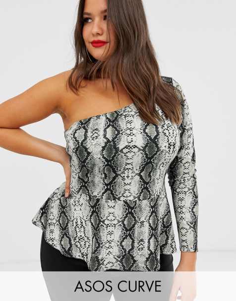 ASOS DESIGN Curve one shoulder peplum top in snake print