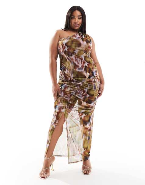 ASOS DESIGN Curve one shoulder ruched midi dress in brown smudge print - view 1