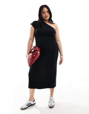 Asos Curve Asos Design Curve One Shoulder Ruched Side Midaxi Dress In Black