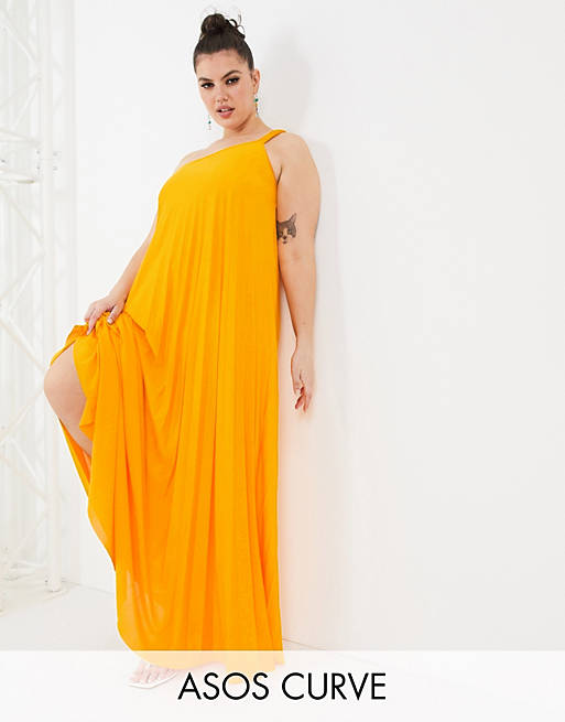 ASOS DESIGN Curve one shoulder scrunch elastic pleated maxi dress in marigold