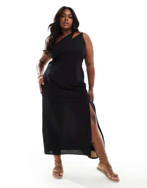 ASOS DESIGN Curve one-shoulder split strap linen-blend midi sunsundress in black - view 1