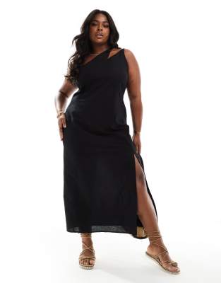 ASOS DESIGN Curve one shoulder split strap linen mix midi sundress in black