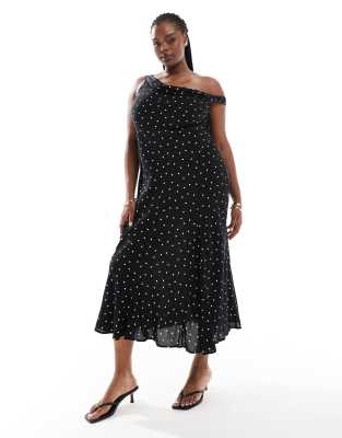 Asos Design Curve One Shoulder Strap Midi Slip Dress In Mono Spot-Multicolor