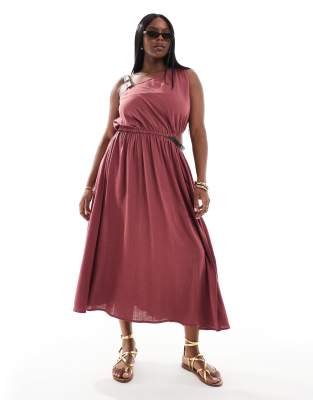 Asos Curve Asos Design Curve One Shoulder Textured Midi Dress Pu Trim Detail In Red