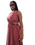[ASOS Curve] ASOS DESIGN Curve one shoulder textured midi dress with PU trim detail in burgundy 22 BURGUNDY