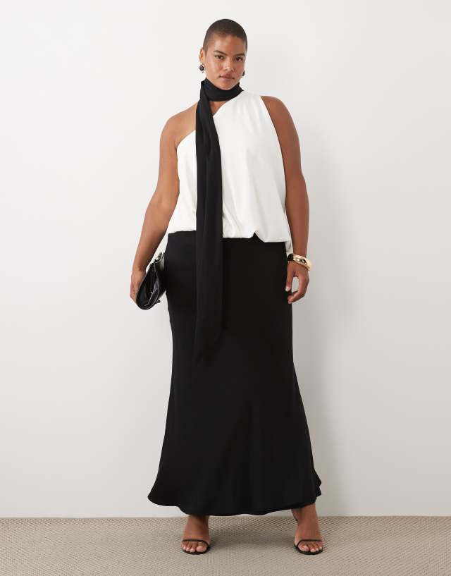 ASOS DESIGN Curve one shoulder with tie neck maxi dress in mono color block