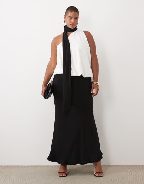ASOS DESIGN Curve one shoulder with tie neck maxi dress in mono colour block - view 1